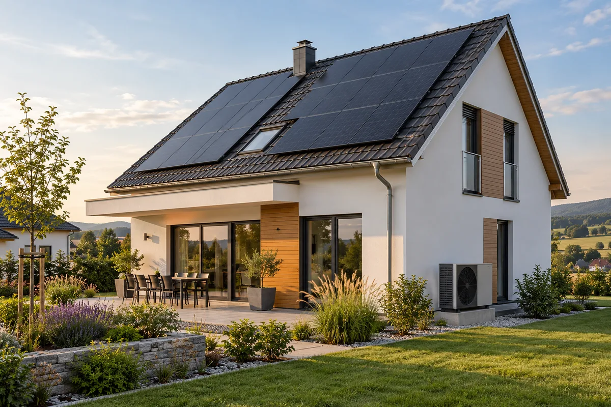 Illustratives Wohnhaus mit Photovoltaik und Wärmepumpe