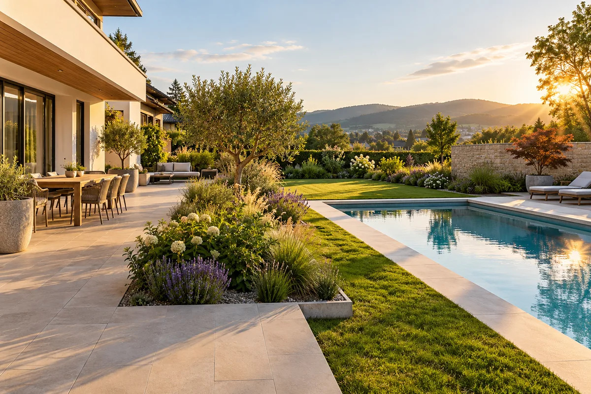 Illustrativer Garten mit Terrasse und Pool