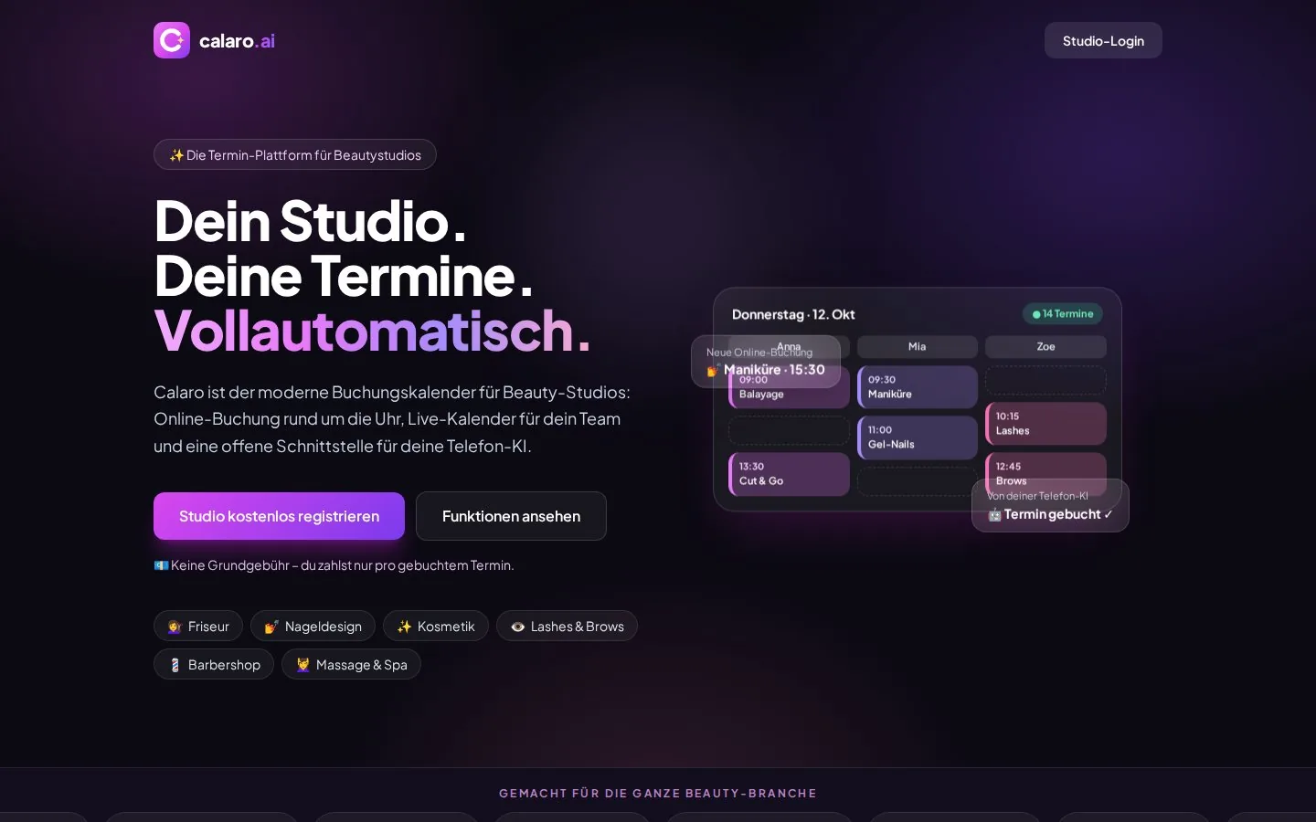 Screenshot der Startseite von Calaro.ai: Buchungsplattform für Beauty-Studios mit Team-Kalender