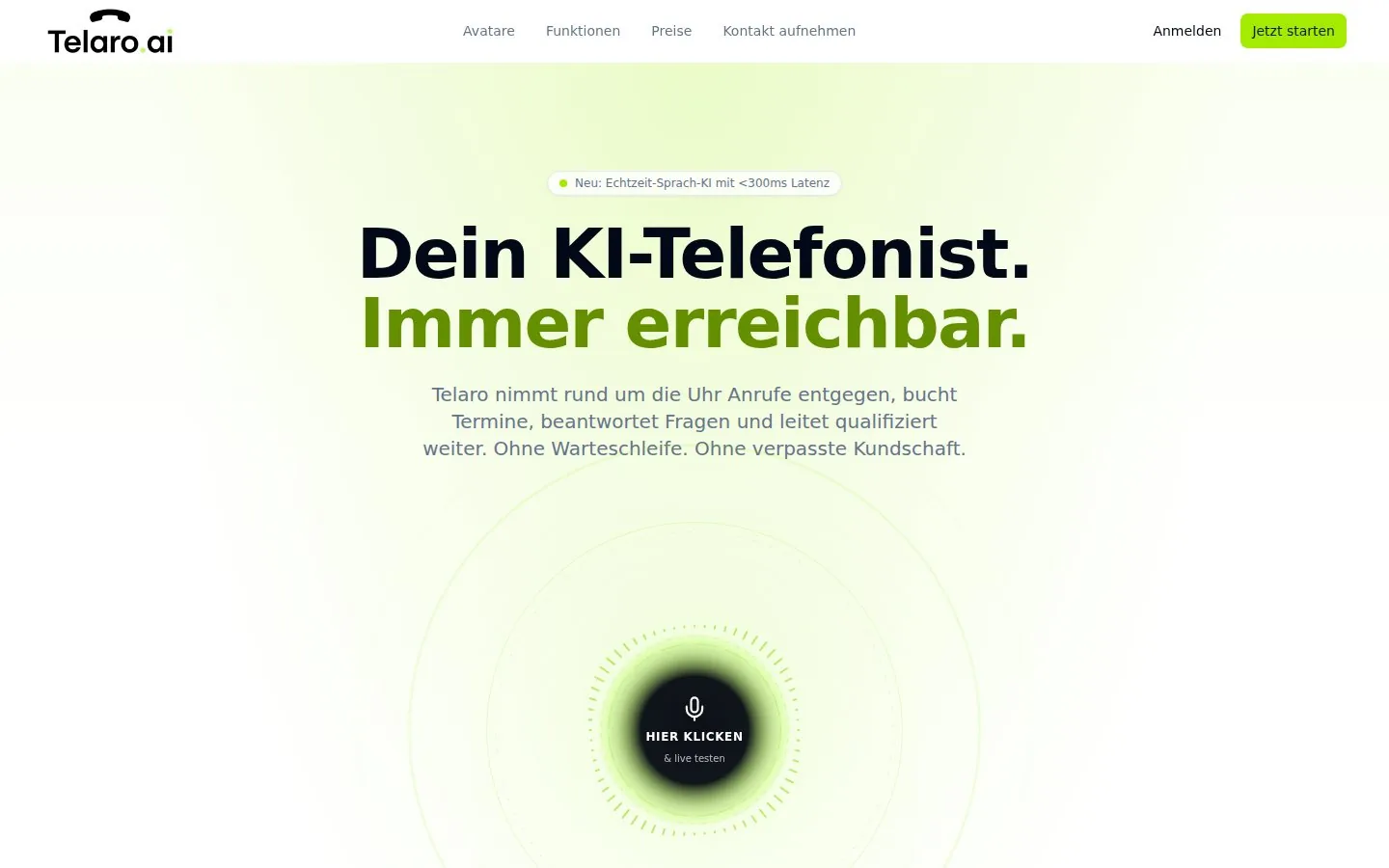 Screenshot der Startseite von Telaro.ai: KI-Telefonassistent