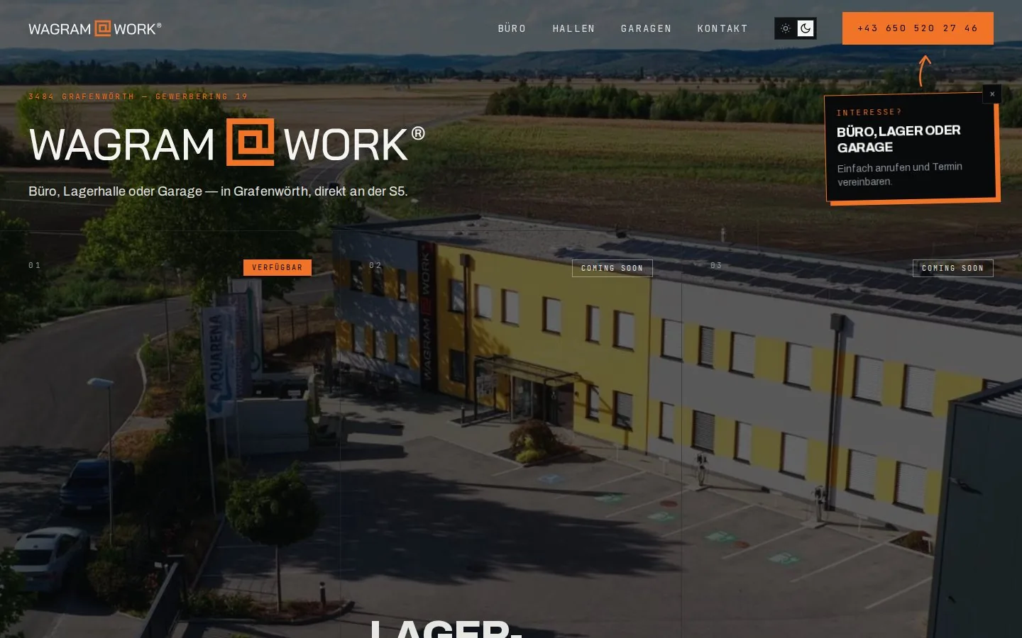 Screenshot der Startseite von Wagram@Work mit der Auswahl Büro, Lagerhallen und Garagen