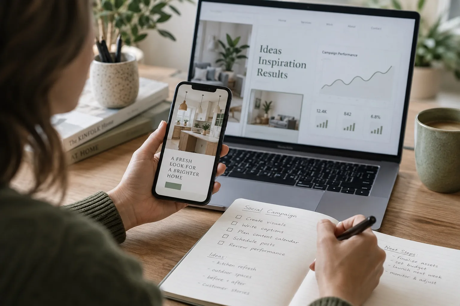 Illustrative Kampagnenplanung mit Social-Media-Anzeige auf einem Smartphone und Landingpage am Laptop