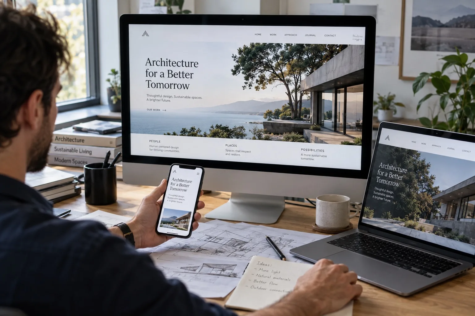Illustrativer Arbeitsplatz für Webdesign mit Website auf Monitor, Laptop und Smartphone